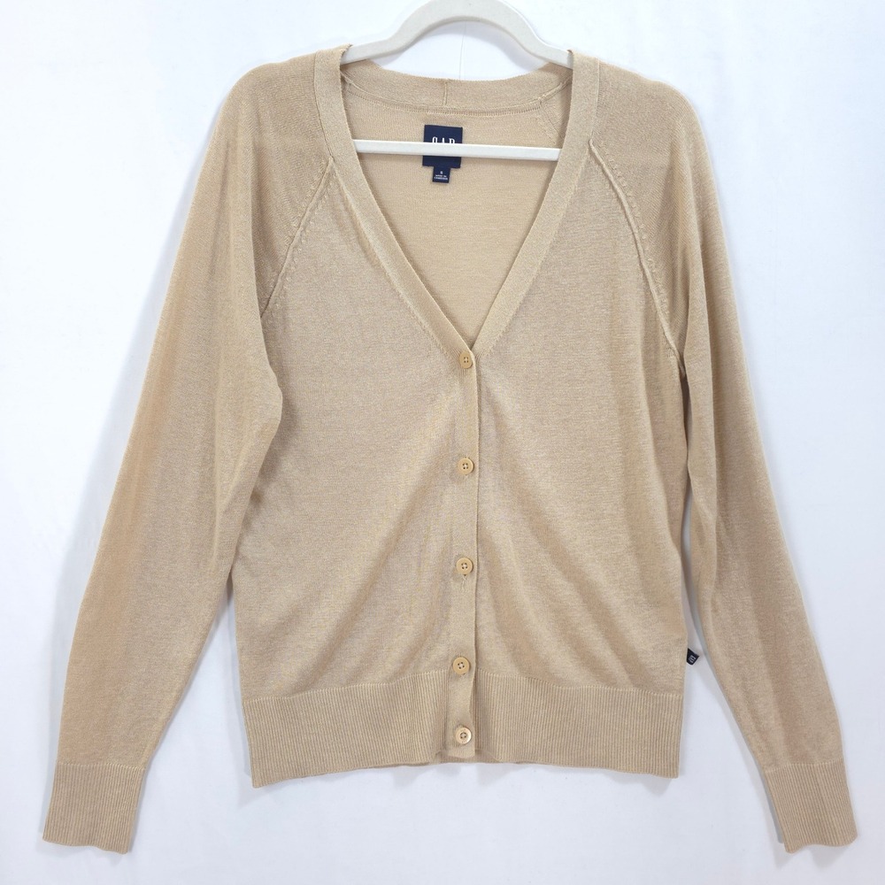 Gap Cardigan Linen Blend Sweater Button Front Tan Women S Minimalist Layering